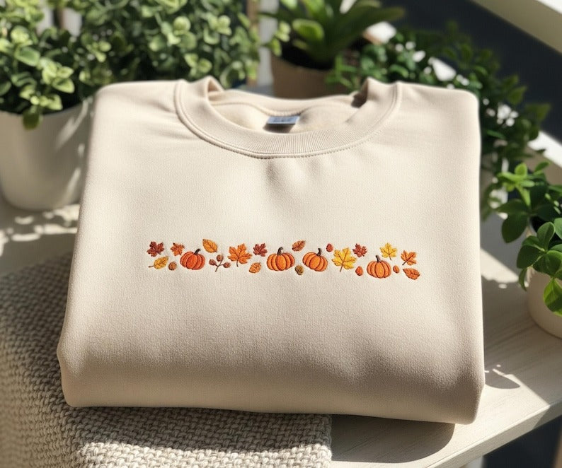 Embroidered Fall Pumpkins Sweatshirt: Autumn Harvest Crewneck