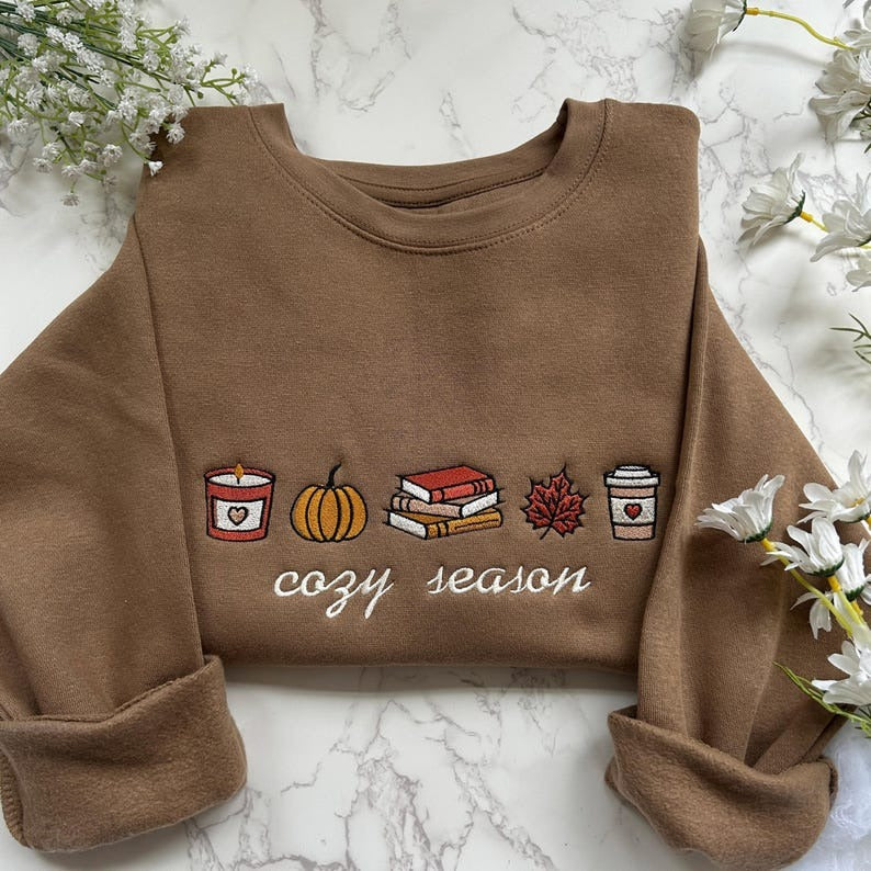 Embroidered Cozy Season Sweatshirt, Cute Autumn Sweatshirt, Pumpkin Embroidered Bookish Sweater, Fall Apparel, Spooky Season Sweater