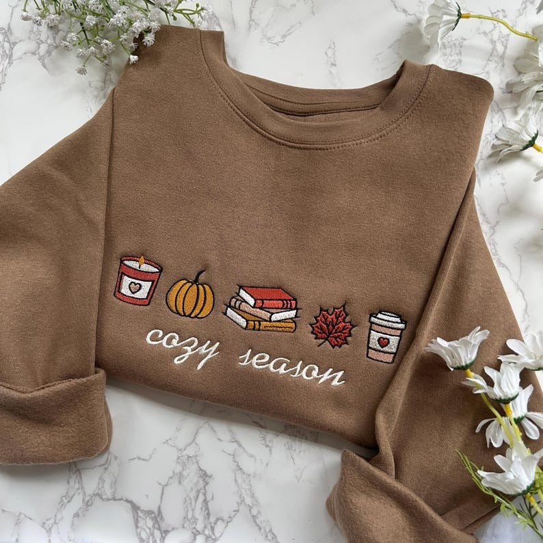 Embroidered Cozy Season Sweatshirt, Cute Autumn Sweatshirt, Pumpkin Embroidered Bookish Sweater, Fall Apparel, Spooky Season Sweater