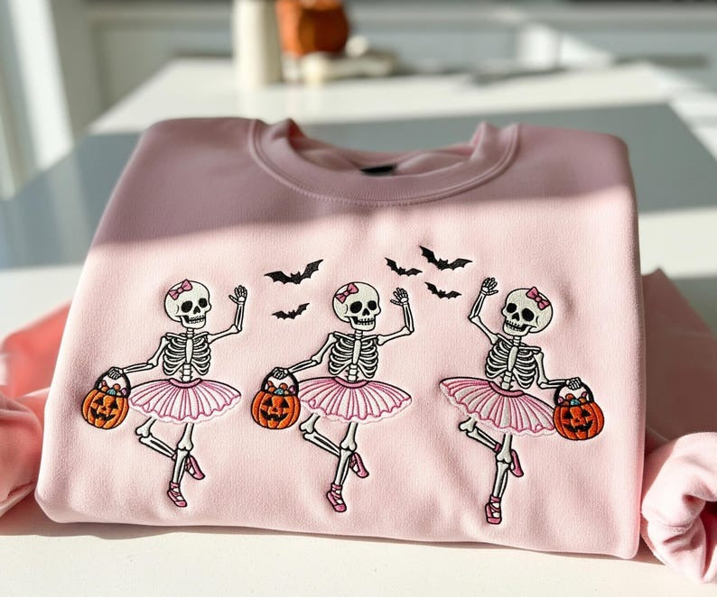 Pink Ballerina Skeleton Halloween Sweatshirt, Cute Dancing Skeleton Crewneck, Spooky Season Ballet Sweater, Funny Fall Pumpkin Hoodie Gift