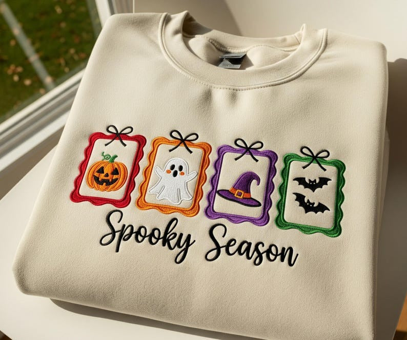 Spooky Season Embroidered Sweatshirt, Cute Halloween Stamp Shirt, Retro Pumpkin Ghost Bat Witch Sweater, Cozy Fall Women’s Hoodie Gift