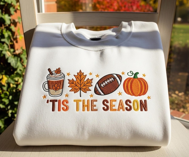 Tis The Season Embroidered Sweatshirt, Fall Pumpkin Spice Shirt, Cute Autumn Football Sweater, Cozy Halloween Crewneck, Thanksgiving Gift