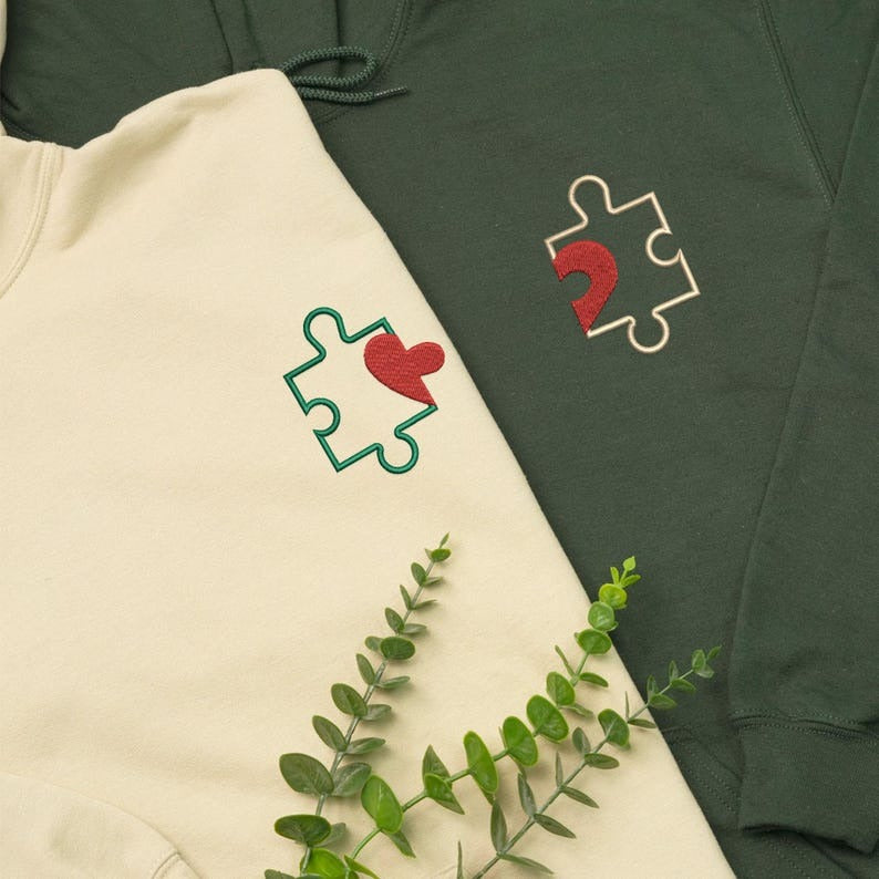 Matching Embroidered Puzzle Heart Couple Hoodie: Custom Initial With Heart On Sleeve, Anniversary Gift
