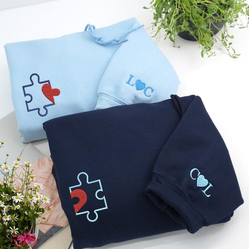 Matching Embroidered Puzzle Heart Couple Hoodie: Custom Initial With Heart On Sleeve, Anniversary Gift