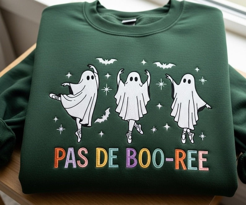 Pas De Boo-Ree Ballet Ghost Embroidered Sweatshirt, Cute Halloween Dance Shirt, Spooky Ballerina Funny Dance Teacher Gift Ballet Mom Sweater