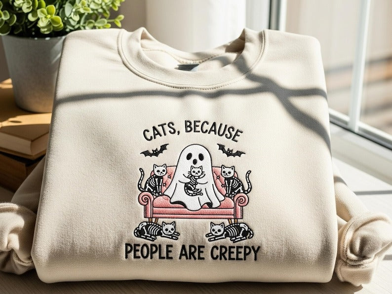 Embroidered Ghost Cat Sweatshirt Funny Halloween Crewneck Cats Because People Are Creepy Shirt Spooky Season Gift for Cat Lovers Fall Tee