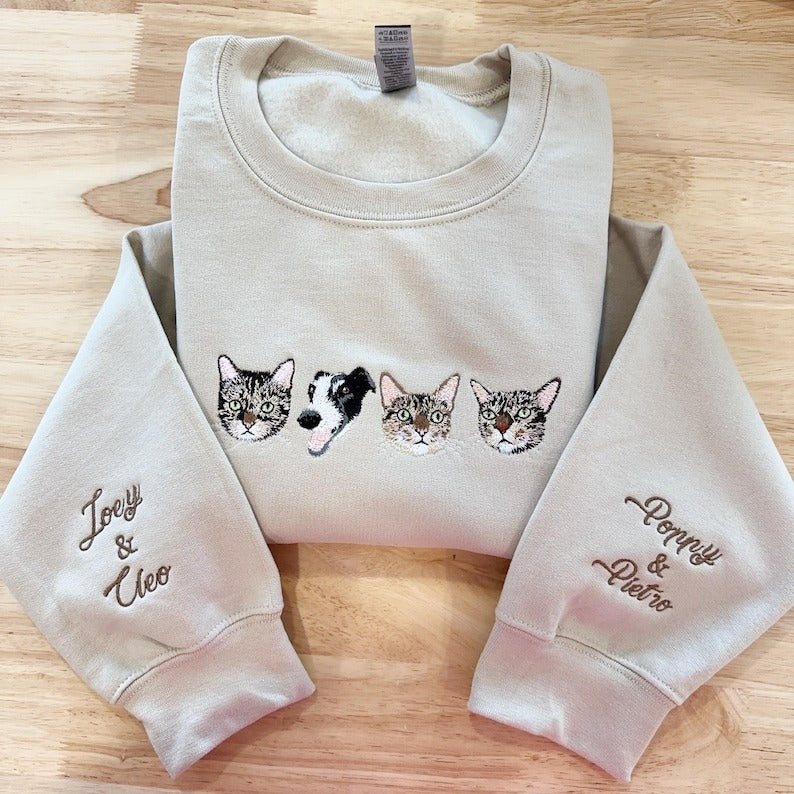 Custom Pet Portrait Sweatshirt, Embroidered Dog or Cat Hoodie, Personalized Gift for Pet Lovers, Pet Memorial Sweater