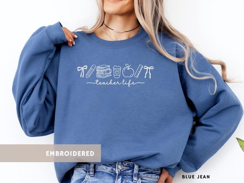 Teacher Gifts Shirt Embroidered Sweatshirt Cute Teacher Gift Doodle Teacher Crewneck Aesthetic Teacher Appreciation Back to School Jumper