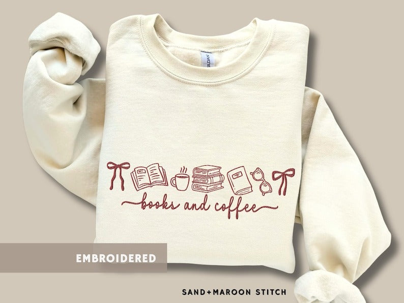 Books & Coffee Sweatshirt Embroidered Coquette Book Lover Gift Cozy Reader Pullover Reading Book Club Jumper Cute Bookish Sweater for Women