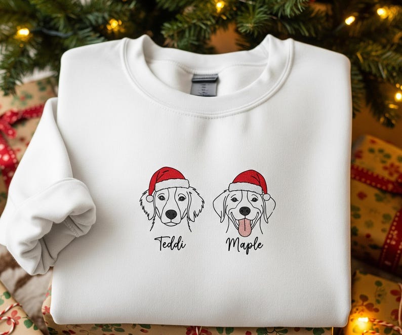 Embroidered Christmas Dog Sweatshirt – Personalized Pet Name Sweater with Santa Hat, Custom Dog Lover Holiday Gift