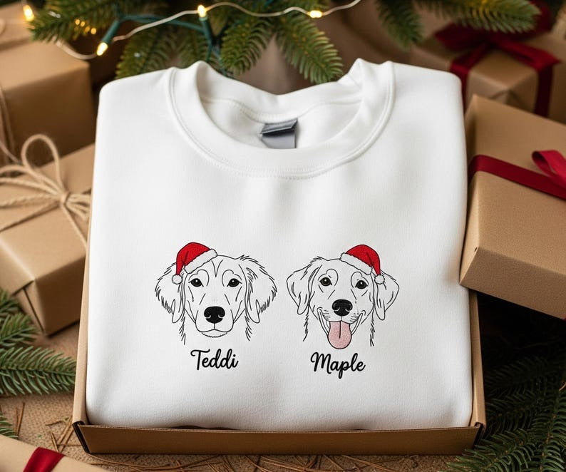 Embroidered Christmas Dog Sweatshirt – Personalized Pet Name Sweater with Santa Hat, Custom Dog Lover Holiday Gift