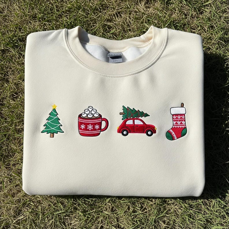 Christmas Icons Embroidered Sweatshirt, Cozy Holiday Crewneck with Tree Car and Stocking
