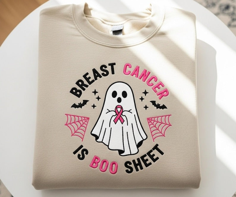Breast Cancer Awareness Ghost Sweatshirt, Funny Boo Sheet Embroidered Crewneck, Pink Ribbon Top