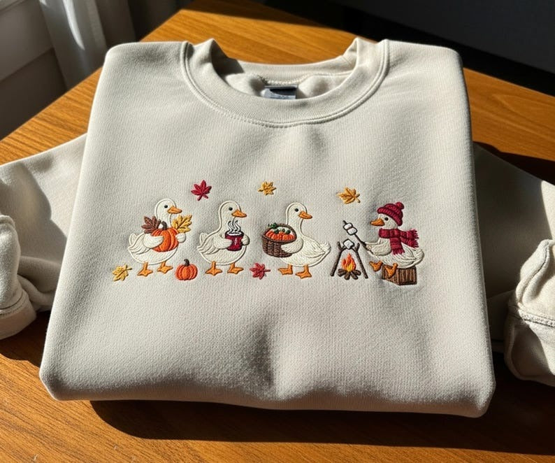 Fall Duck Embroidered Sweatshirt – Cute Autumn Ducks with Pumpkins and Campfire – Thanksgiving Crewneck for Women, Cozy Fall Gift Idea
