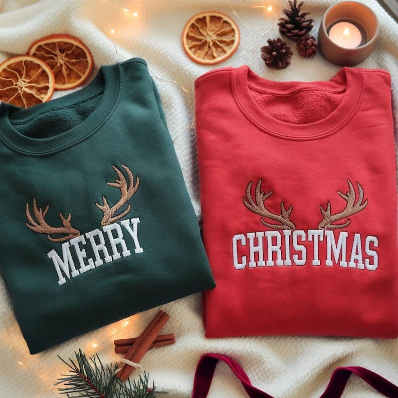 EMBROIDERED Merry Christmas Sweatshirt Set, Matching Holiday Sweater, Couple Xmas Crewneck, Festive Winter Jumper Pair, Christmas Couple Tee