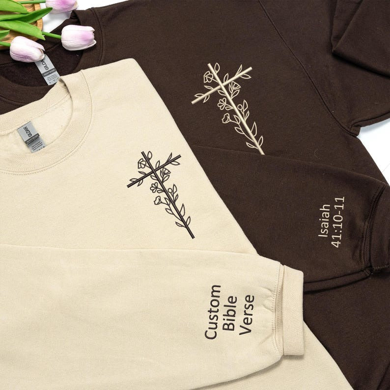 Embroidered Christian Cross Sweatshirt: Custom Bibble Verse on The Sleeve, Matching Couple Sweater, Christian Gift
