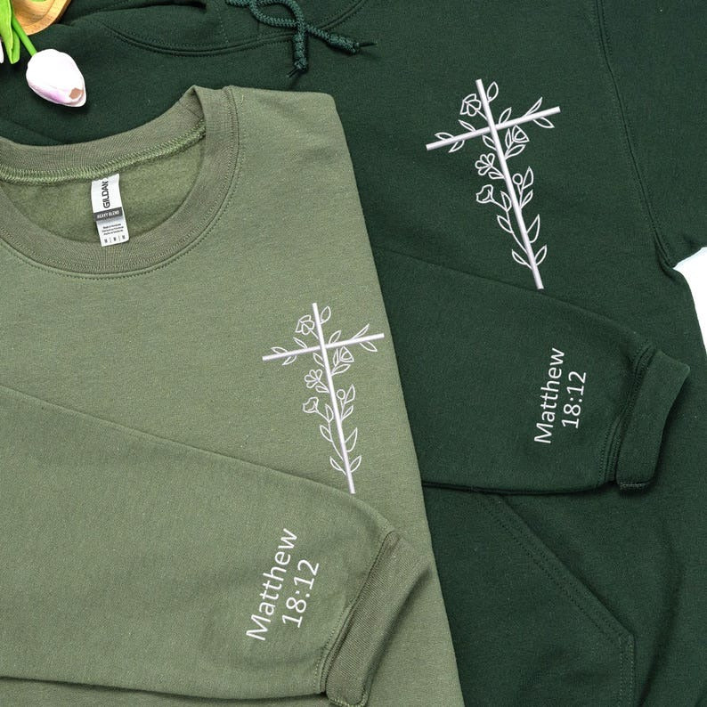 Embroidered Christian Cross Sweatshirt: Custom Bibble Verse on The Sleeve, Matching Couple Sweater, Christian Gift