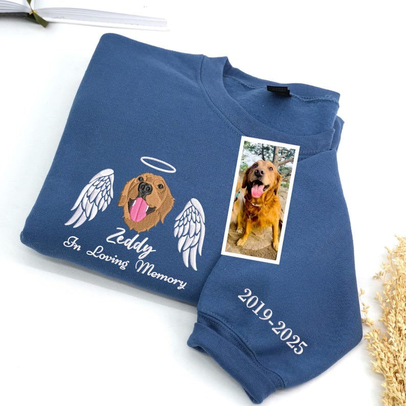 In Loving Memory Sweatshirt with Dog Portrait - Custom Pet Portrait Embroidered Sweater - Dog Sweatshirt Using Dog Photo - Pet Memorial Gift