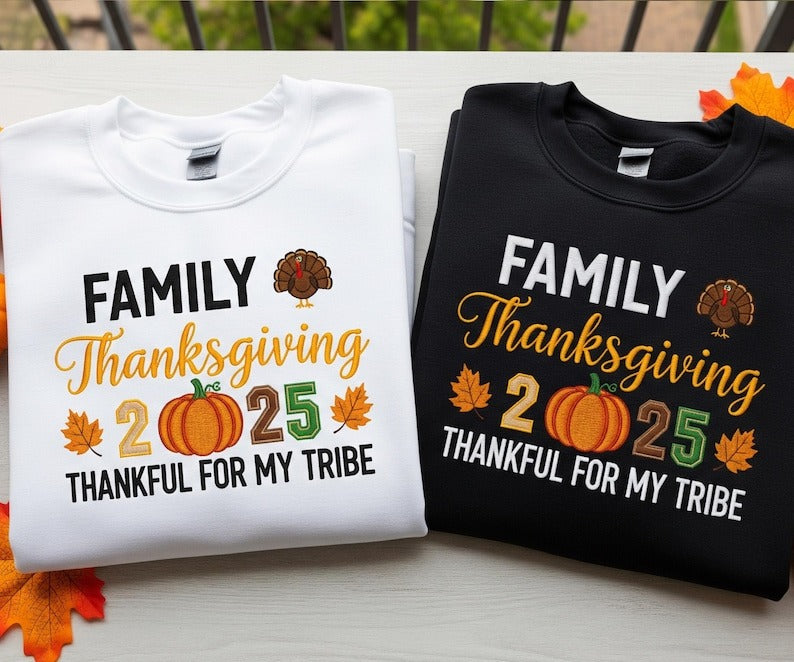 Family Thanksgiving 2025 Embroidered Sweatshirt, Pumpkin Turkey Fall Crewneck, Thankful For My Tribe Shirt