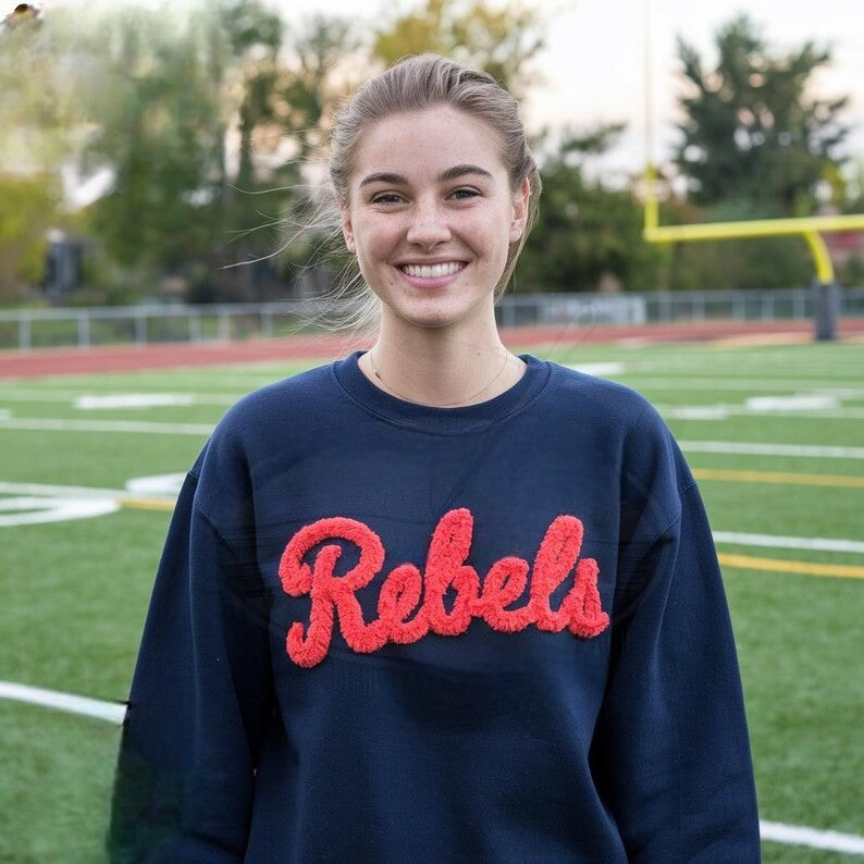 Custom Chenille Yarn Embroidered Sweatshirt, Personalized Team Spirit Crewneck, Fuzzy Letter Game Day Shirt, Football Mom Gift