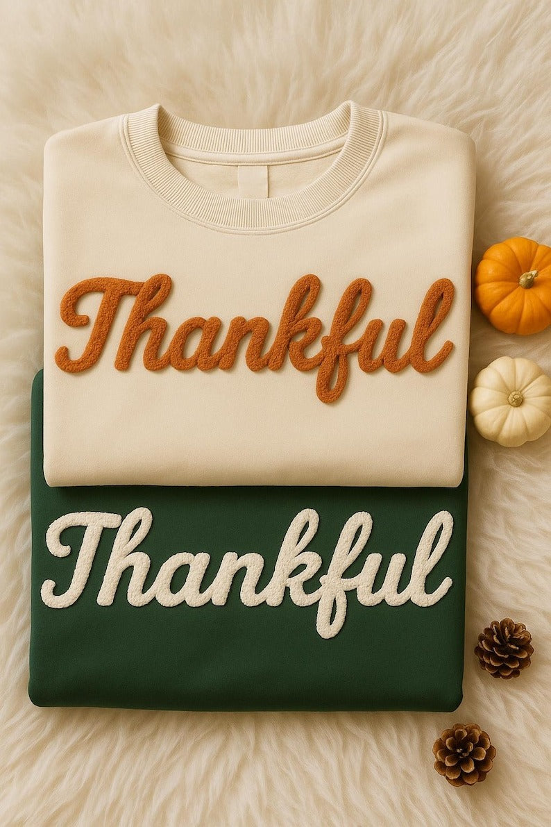 Thankful Chenille Yarn Embroidered Sweatshirt, Fall Christian Shirt, Cozy Autumn Thanksgiving Top, Chenille Yarn Gift Sweater