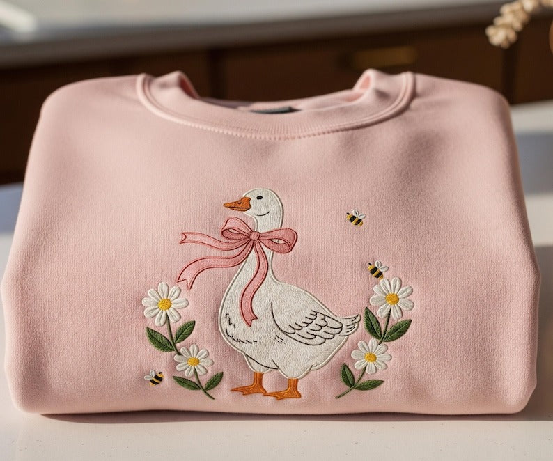 Cottagecore Goose and Flowers Embroidered Sweatshirt