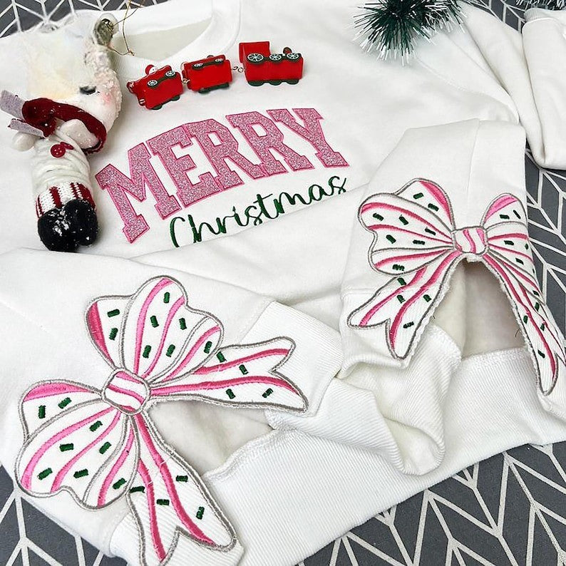 Merry Christmas Side Bow Embroidered Sweatshirt, christmas crewneck bows, Side Bow Applique, bow sweatshirt christmas, christmas side bow