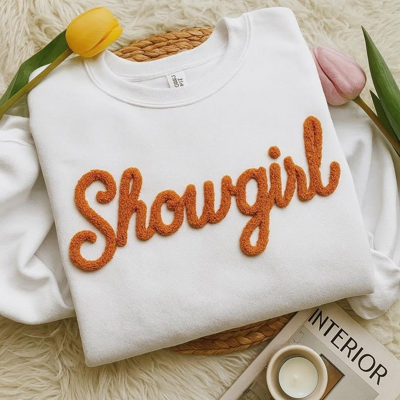 Showgirl Era Chenille Yarn Embroidered Sweatshirt, Vintage Concert Crewneck, Orange Fuzzy Letter Sweatshirt, Cute Gift for Her