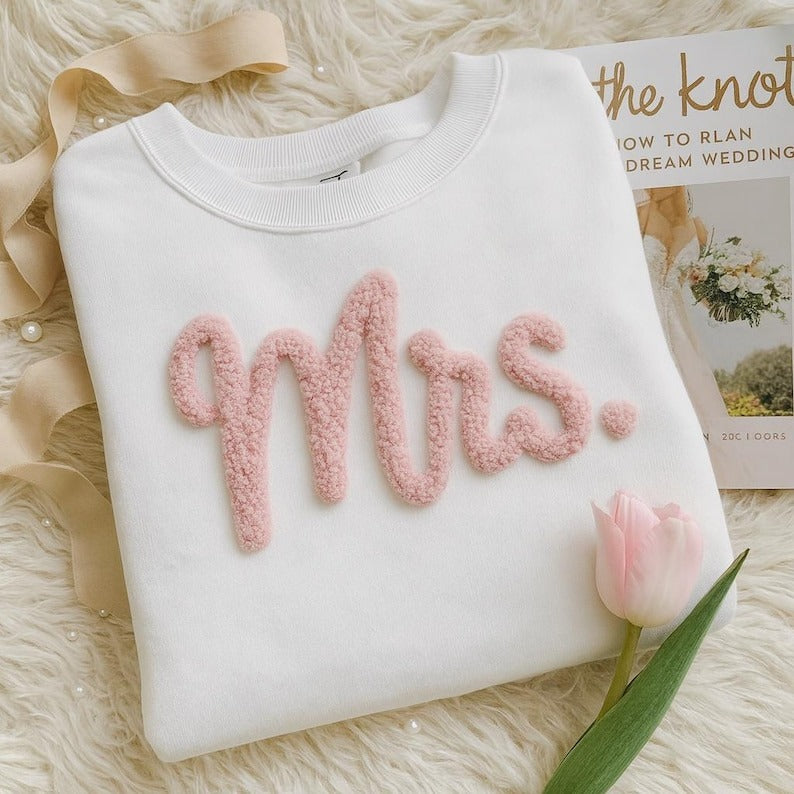 Mrs. Bride Chenille Yarn Embroidered Sweatshirt, Custom Wedding Sweatshirt, Mrs. Shirt, Engagement Gift, Bachelorette Party Outfit