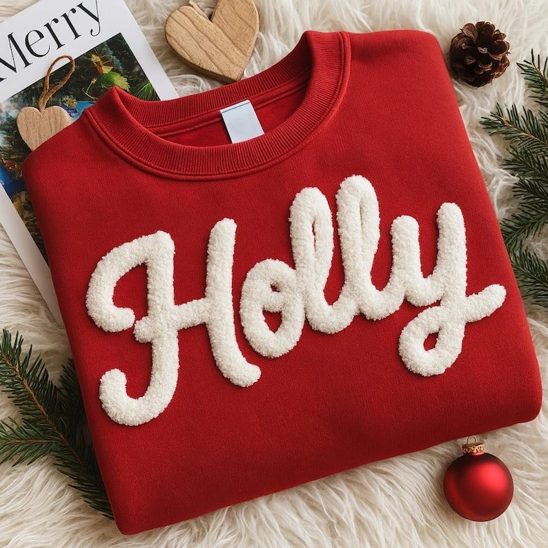 Believe Chenille Yarn Embroidered Sweatshirt, Merry and Bright Shirt, Believe Christmas Sweatshirt, Holiday Gift for Family
