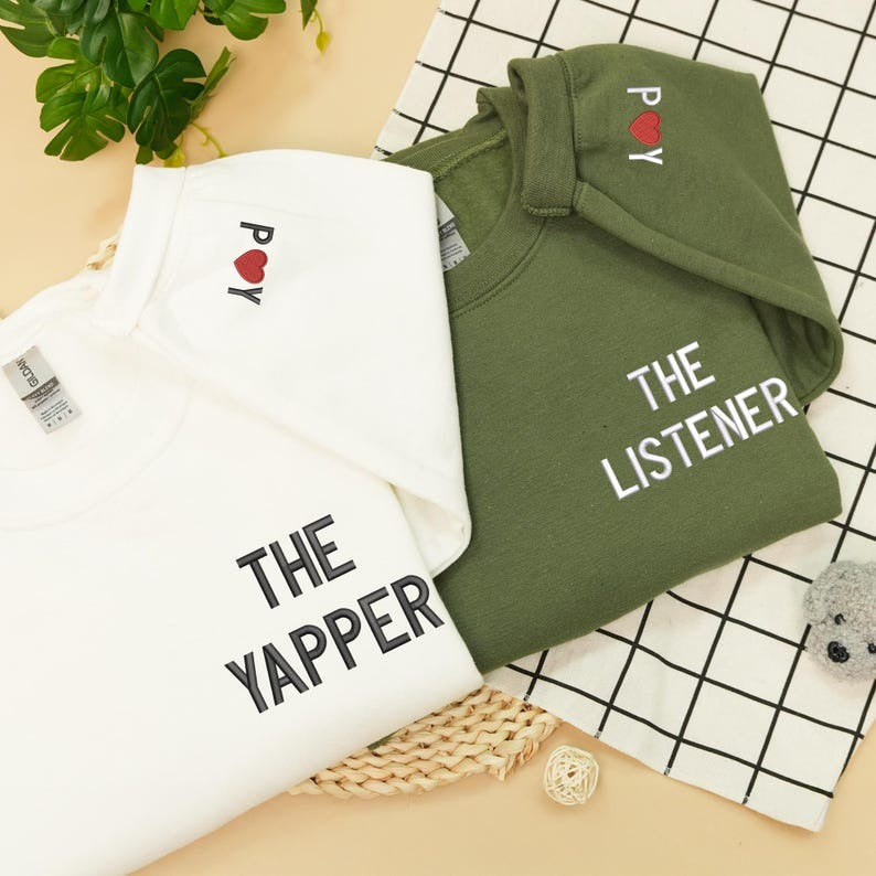 Custom Embroidered The Yapper The Listener Sweatshirt for Couple: Personalized Initials on Sleeve