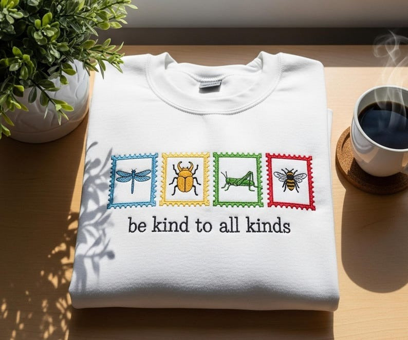 Embroidered Insect Sweatshirt: Dragonfly, Bee, Bug - Nature Lover Gift