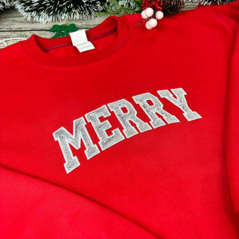 Custom Glitter Merry Christmas Sweatshirt, Red Holiday Crewneck with Silver Bow Applique, Festive Xmas Hoodie, Christmas Party Outfit Gift