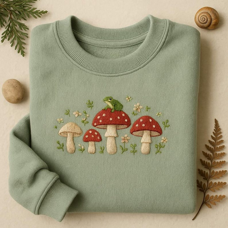 Embroidered Mushroom Sweatshirt, Cottagecore Frog Hoodie, Toad on Fungi, Aesthetic Nature Jumper, Cute Woodland Embroidered Crewneck Gift