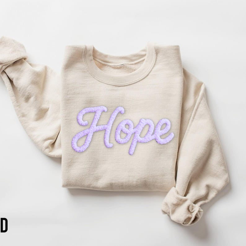 Custom Chenille Yarn Embroidered Sweatshirt – “Hope” Breast Cancer Awareness Pullover, Motivational Cancer Fighter Shirt, Custom Pink Ribbon Sweater
