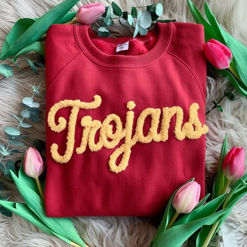 Personalized Chenille Yarn Embroidered Sweatshirt, Custom Fuzzy Letter Team Spirit Crewneck, Game Day Pullover with Team Name