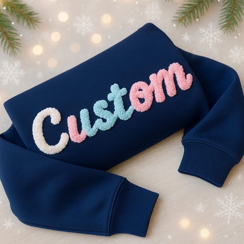 Custom Chenille Embroidered Sweatshirt, 3D Fuzzy Letter Pullover, Personalized Unisex Crewneck, Cozy Holiday Gift for Him or Her