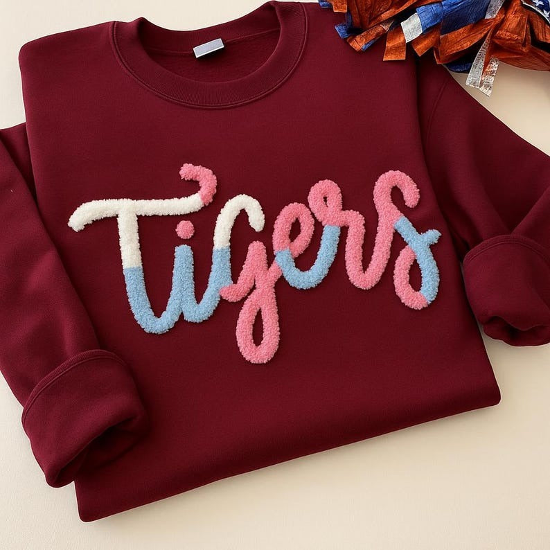 Team Spirit Chenille Yarn Embroidered Sweatshirt, Custom Mascot Crewneck, 3D Fuzzy Letter Game Day Top, Tigers Sports Shirt