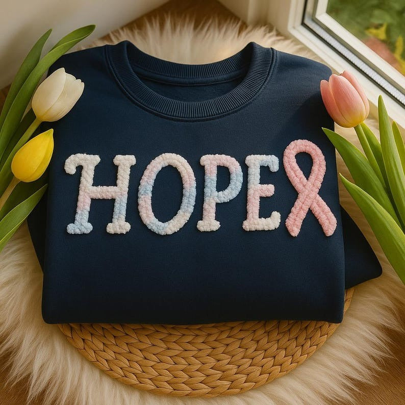 HOPE Chenille Yarn Embroidered Sweatshirt with Pink Ribbon, Fuzzy Letter Cancer Awareness Crewneck, Support Gift, Unisex Inspirational Shirt