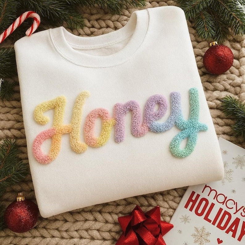 HONEY Chenille Yarn Embroidered Sweatshirt, Personalized Honey Sweater, Cozy Grandma Gift, Mother’s Day or Christmas Embroidered Shirt