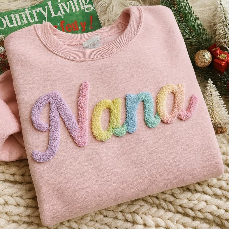 NANA Chenille Yarn Embroidered Sweatshirt — Custom Fuzzy Letter Pullover, Merry Chenille Yarn Shirt, Gift for Nana / Grandma / Mama