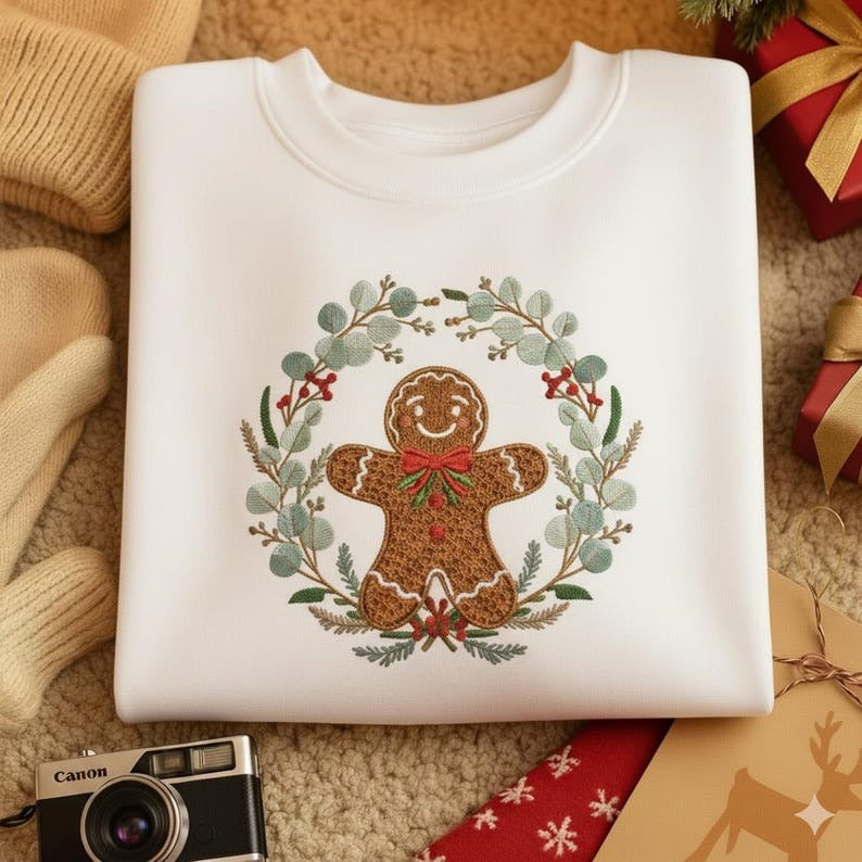 Embroidered Gingerbread Man Sweatshirt – Festive Holiday Crewneck with Floral & Christmas Motifs