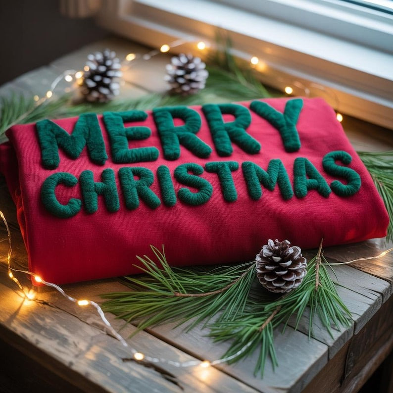 Merry Christmas Chenille Yarn Embroidered Sweatshirt, Cozy Holiday Crewneck, Fuzzy Letter Christmas Sweater, Cute Xmas Gift for Her