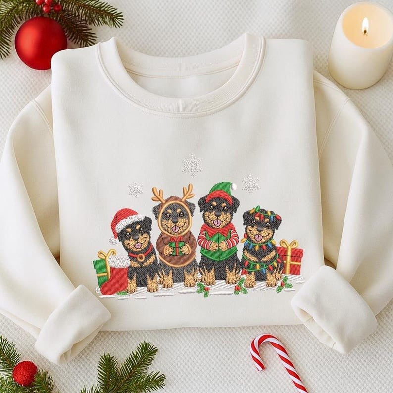 Christmas Rottweiler Embroidered Sweatshirt – Reindeer, Santa & Elf Dog Holiday Embroidery, Merry Christmas Winter Gift for Dog Lovers