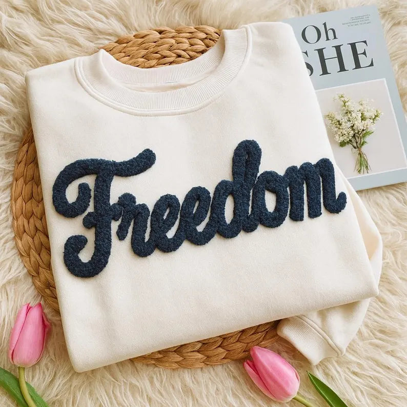 Freedom Chenille Yarn Embroidered Sweatshirt, Patriotic USA Shirt, Peace Crewneck, American Pride Apparel, Freedom Tee for Women