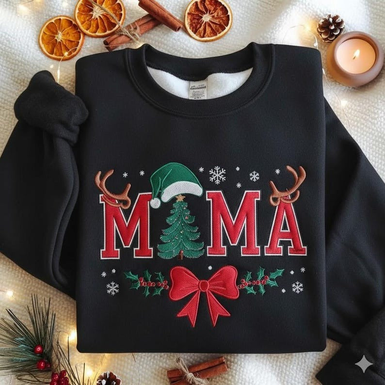 EMBROIDERED Christmas Mama Sweatshirt, Holiday Mom Sweater, Festive Mom Xmas Shirt, Cozy Holiday Crewneck, Merry Christmas Mom Jumper