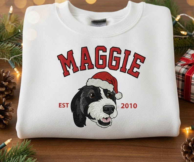 Custom Pet Sweater – Hand-Drawn Dog/Cat Portrait & Name | Christmas Embroidered Sweatshirt / Hoodie
