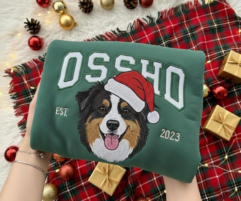 Custom Pet Christmas Embroidered Sweatshirt from Photo | Personalized Dog or Cat Holiday Sweater Gift for Pet Owners