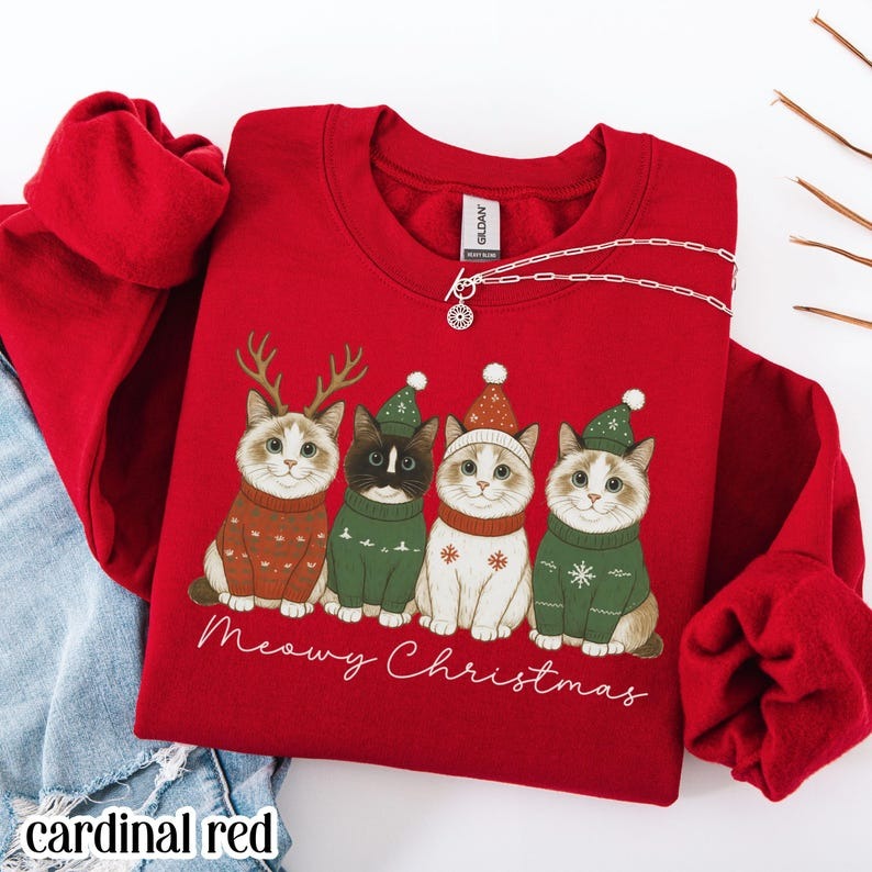 Meowy Christmas Cat Sweatshirt – Cute Santa Hat Cat Embroidered Sweater, Ragdoll Kitty Holiday Pullover, Cat Lover Christmas Gift
