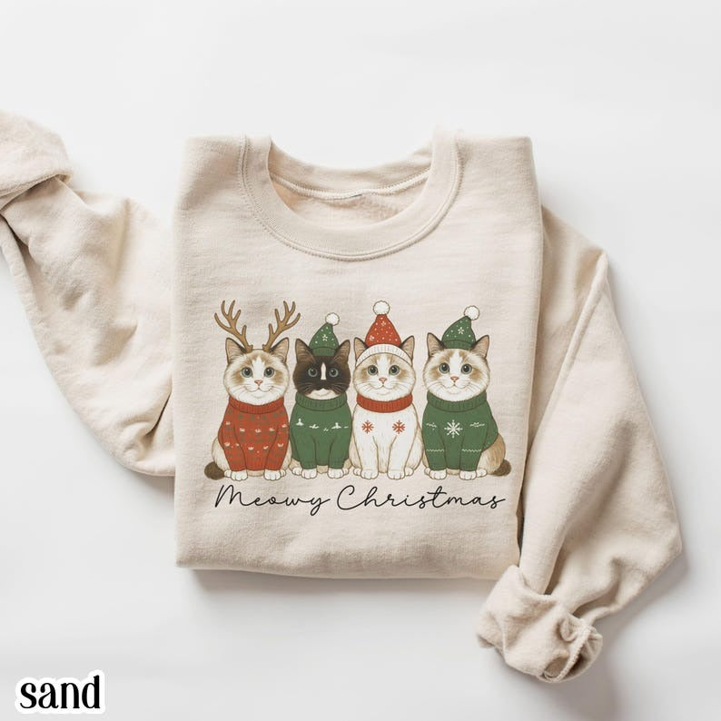 Meowy Christmas Cat Sweatshirt – Cute Santa Hat Cat Embroidered Sweater, Ragdoll Kitty Holiday Pullover, Cat Lover Christmas Gift